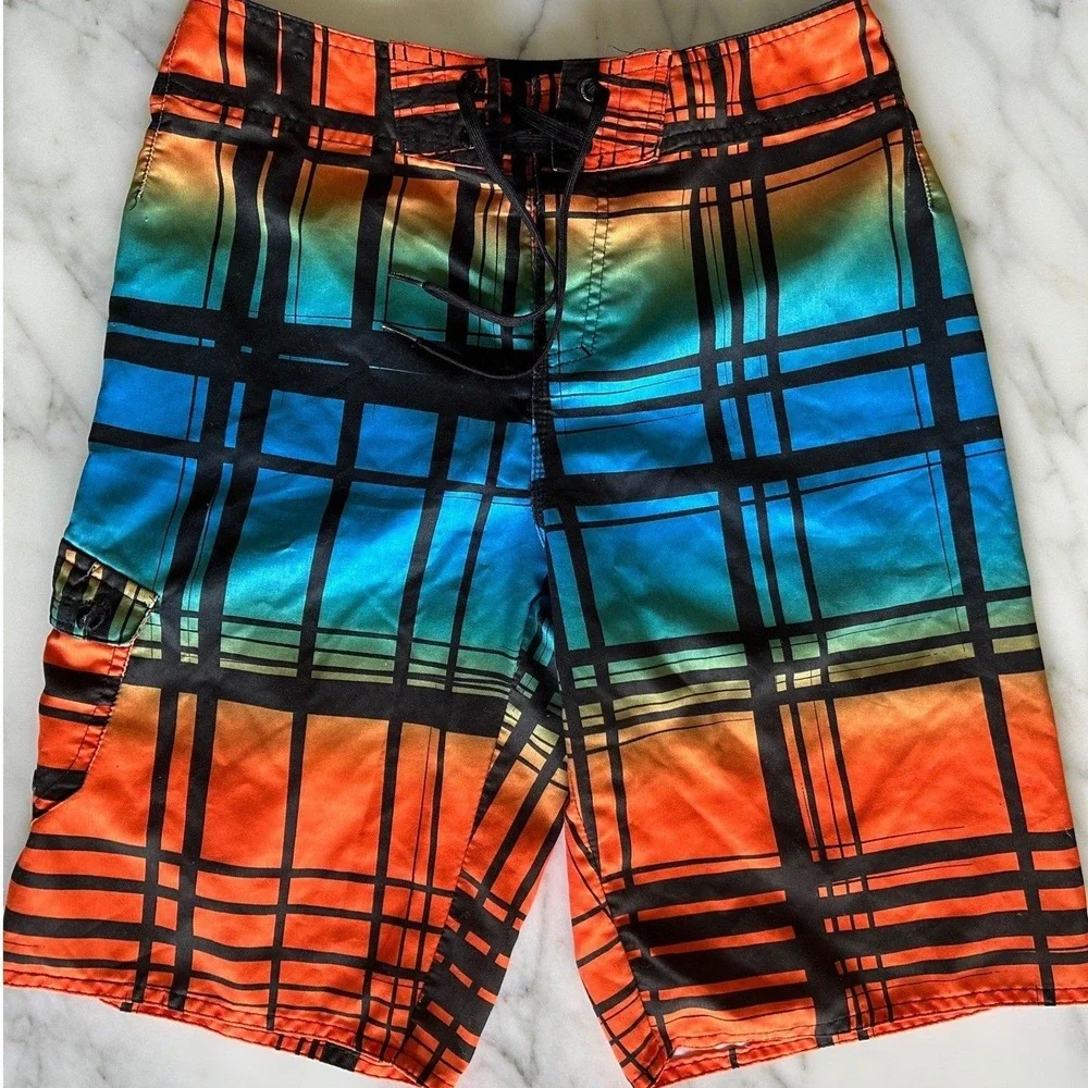 Hang Ten Mens‎ Board Shorts Size 30 Plaid Ombre Orange Blue Black
